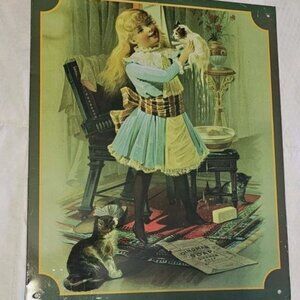 Laundry Room Dingman Soap Tin Sign Reproduction Advertising Decor Girl Kitten